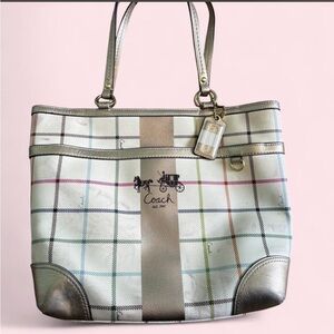 Y2K Coach Blue Pink & Green Striped Plaid Shoulder Bag w/ Gold Accents